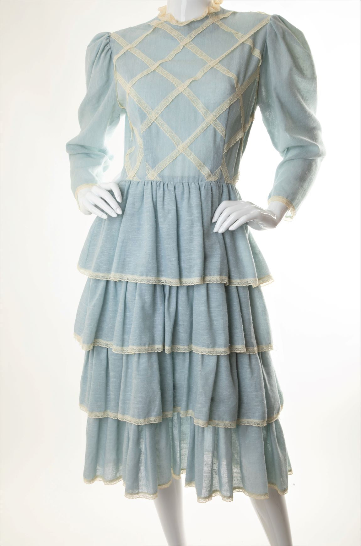 Vintage - Tiered Ruffled Dress with Lace Lattice Trim