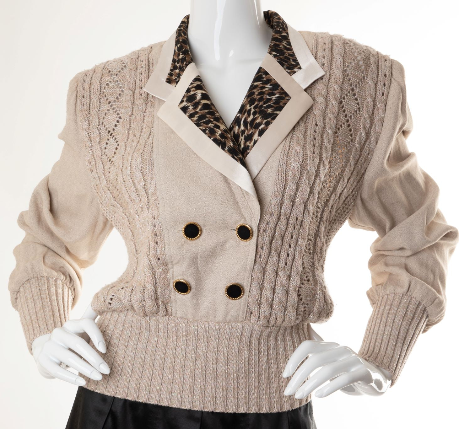 Vintage - Cable Knit and Crepe Top with Leopard Lapel