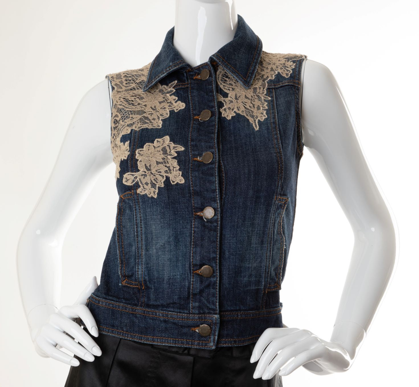 Valentino - Denim Stitched Vest with Lace Appliques